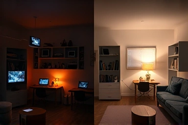 Wasted energy vs. efficient use, unplugged electronics, bright room