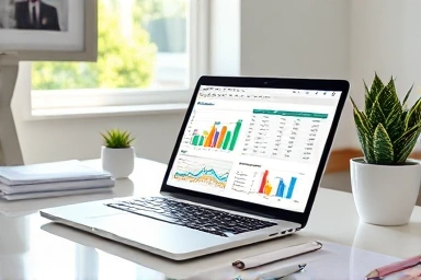 Laptop spreadsheet with financial charts and graphs.