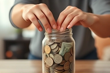 Hands saving money in a glass jar.
