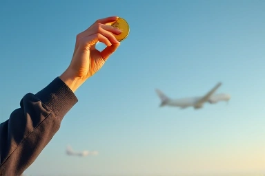 Excited person grabbing a golden flight deal coin
