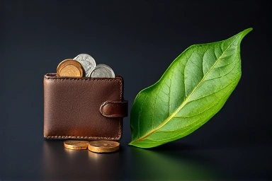 Wallet with falling coins and a green leaf