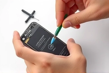 Hands replacing a smartphone battery with tools