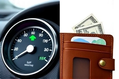 Car fuel gauge and wallet symbolizing savings