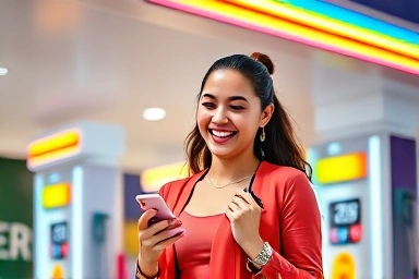 Woman saving money on gas using app and car.