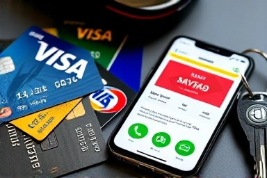 Gas discount apps, credit cards, and car keys for saving money.