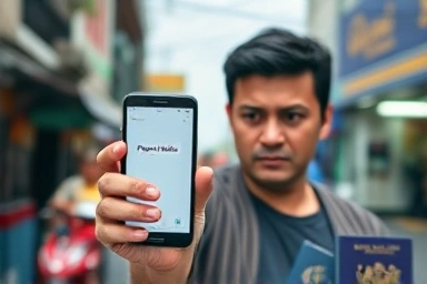 Frustrated traveler with smartphone payment error in Asia