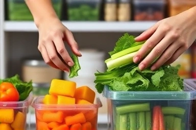 Hands portioning fresh vegetables for efficient storage.
