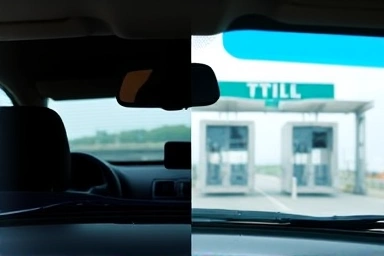 Car windshield with dark tint vs clear, hi-pass device