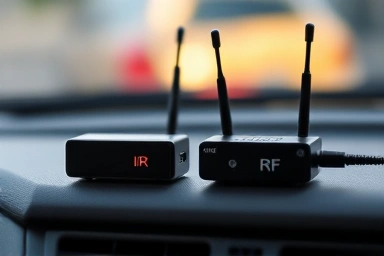 Close-up of IR and RF hi-pass devices on car dashboard