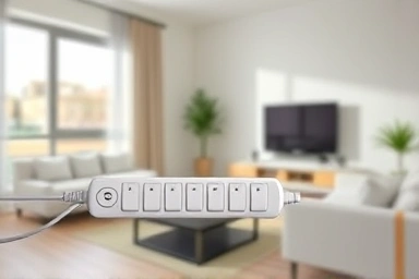Individual switch power strip in a tidy living room, saving electricity.