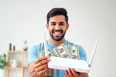 Person happily receiving cash gift for internet sign-up