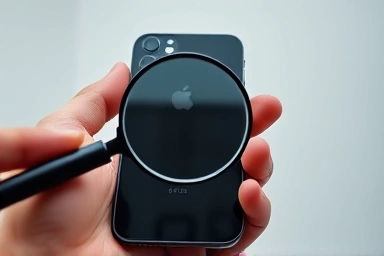 Hand inspecting iPhone with magnifying glass for quality check.