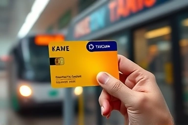Hand holding a new transit card, blurred city transport background, everyday public transit, positive glow.