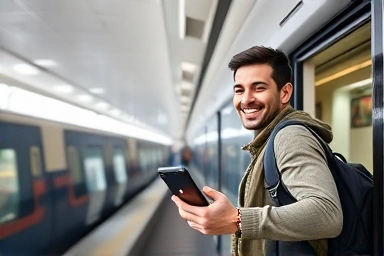 Traveler boarding airport express train with discount confirmation
