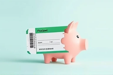 Train ticket transforming into a piggy bank, symbolizing savings.