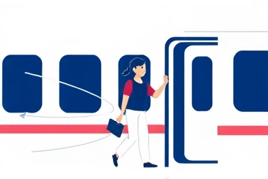 Person confidently boarding a train with abstract cost-saving lines.