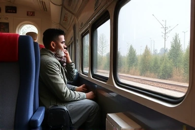Comfortable train journey with a traveler enjoying the view.