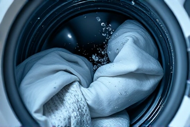 Water extraction from wet laundry in washing machine spin cycle.
