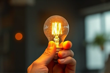 Symbolic representation of LED lighting benefits: energy efficiency and eye health.