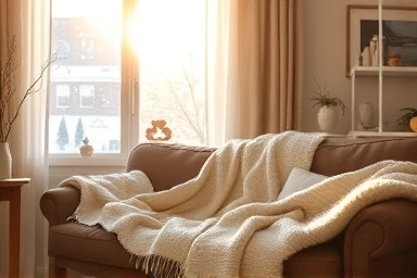 Cozy winter living room, warm sunlight, comfortable atmosphere.