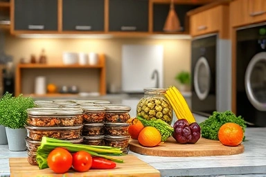 Organized meal prep containers with fresh ingredients on a kitchen counter.
