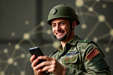 Soldier using smartphone, relieved by phone plan savings.