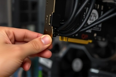 Hands connecting a monitor cable to a computer's graphics card.