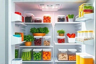Organized refrigerator interior with fresh ingredients, symbolizing food saving.