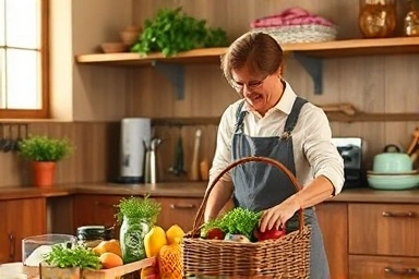 Person cooking creatively with basket of diverse ingredients.