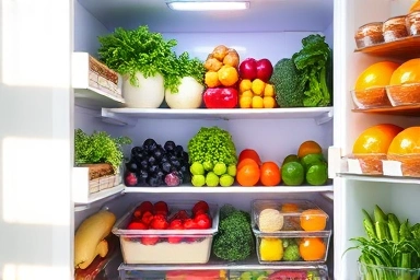 Organized refrigerator with fresh produce, healthy eating.