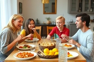 Family enjoying a home-cooked meal, healthy eating, happiness.