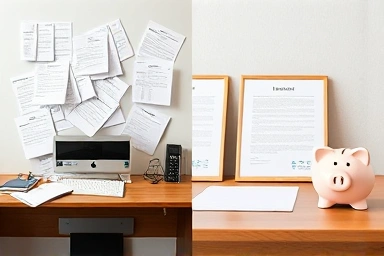 Cluttered vs. organized desk symbolizing insurance optimization and savings.