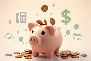 Piggy bank overflowing with coins and financial icons