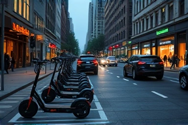 Electric kickboards parked in a city street at dusk.