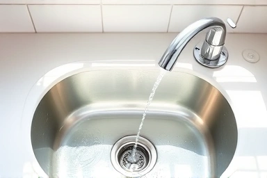 Modern kitchen sink symbolizing water conservation.