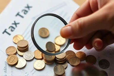 Magnifying glass over coins and tax documents, finding hidden money.