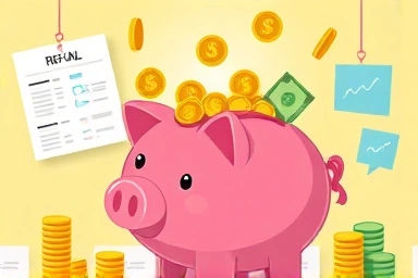 Piggy bank overflowing with money, symbolizing tax refund success.