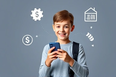 Teenager using smartphone with cost saving symbols