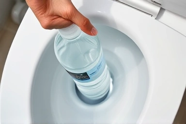 Hand placing water bottle in toilet tank for savings