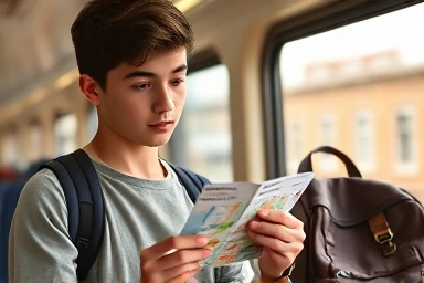 Young traveler planning a train journey with a ticket and map.
