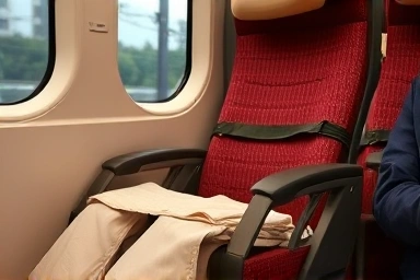 Comfortable train seat with generous legroom for a pleasant journey.