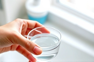 Hand holding toothbrush cup with water for rinsing