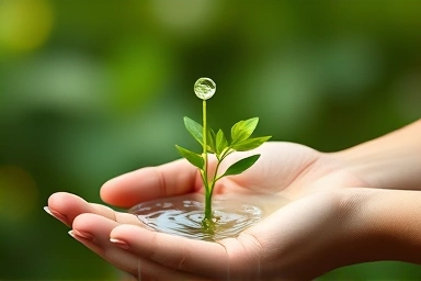 Water drop transforming into a green sprout in a hand