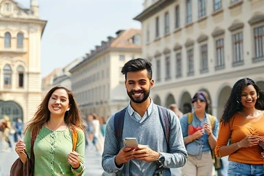 Travelers using transit app in European city, symbolizing smart travel.