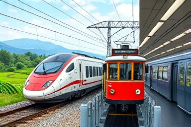 Global transportation montage: trains, trams, subways for international travel.