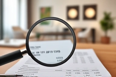 Magnifying glass on credit card statement, utility payments highlighted