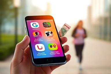 Smartphone showing fitness and finance apps with money symbols.