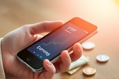 Hand holding phone with earnings graph and physical money.