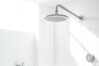 Modern bathroom with water-saving showerhead, symbolizing conservation.