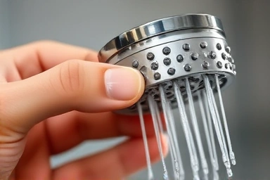 Close-up of a smart showerhead with on/off button and fine nozzles.